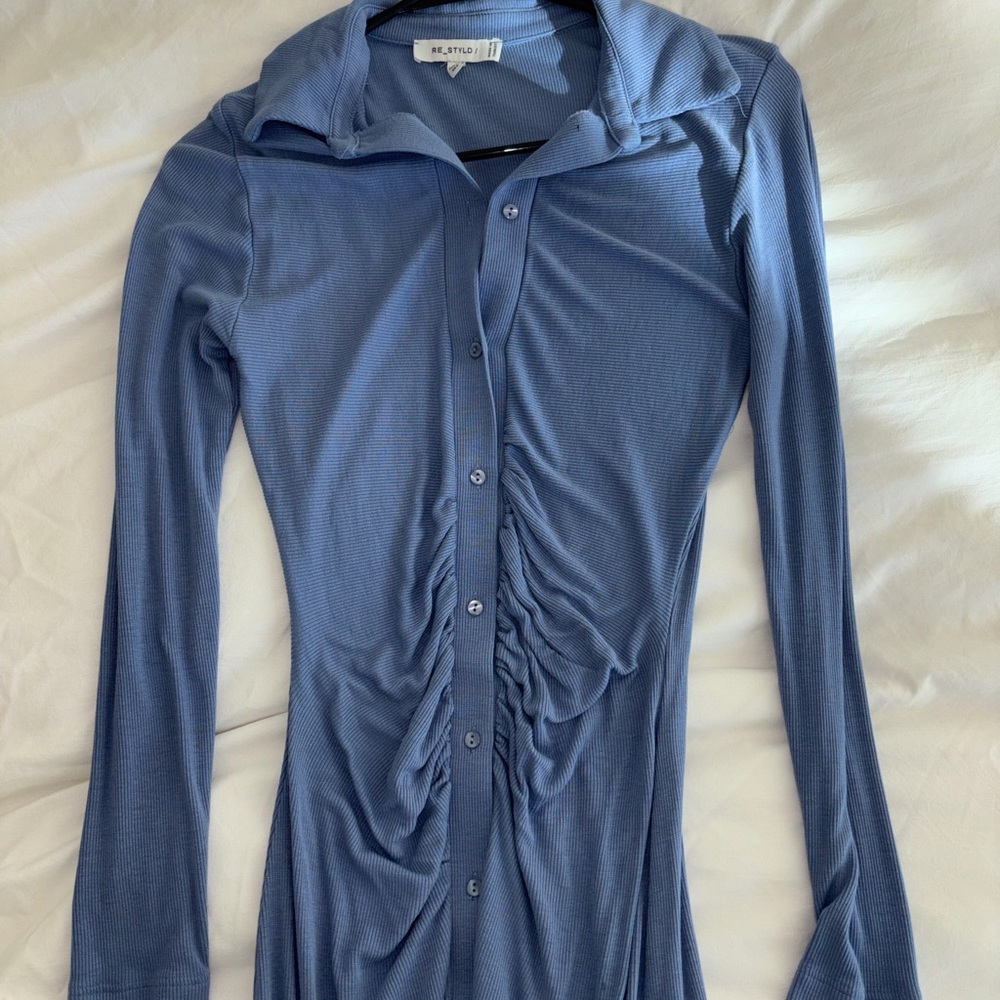 Elegant Blue Long Sleeve Dress floor length